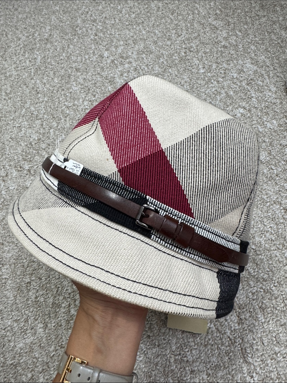 Burberry Beige Plaid Bucket Hat with Burgundy Accent and Brown Strap